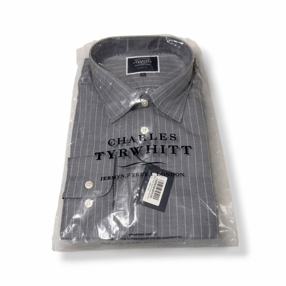 Charles Tyrwhitt Mens Grey Stripe Classic Fit Dress Shirt Size Large New Sealed